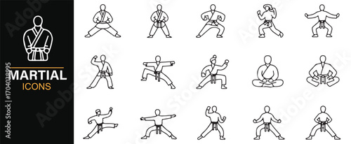 Editable stroke martial icons – combat, training, balance, and martial discipline vector illustrations