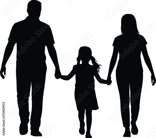Silhouette illustration of happy family walking together, father mother and daughter holding hands, parenthood concept, parenting love, family unity vector design