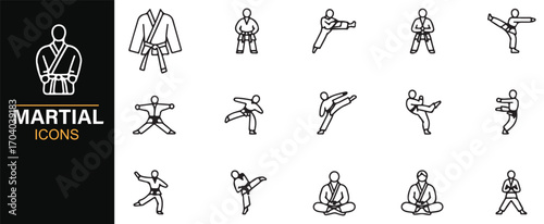 Editable martial arts outline icons – combat sport, self-defense, dojo, and discipline vector collection