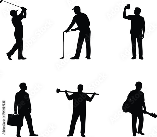Silhouette illustration of men performing various activities, playing golf, working, exercising, holding smartphone, carrying bag, playing guitar, lifestyle vector design