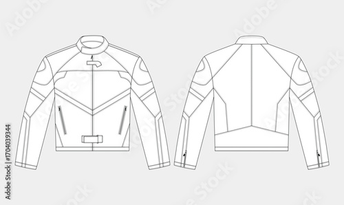 leather jacket sketch, men's casual clothing, classic biker jacket, editable vector, fashion technical drawing flat sketch