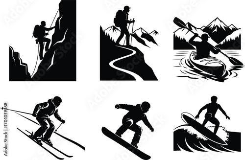 Adventure sports icon set, rock climbing, hiking, kayaking, skiing, snowboarding, surfing, vector outdoor activity and nature exploration design
