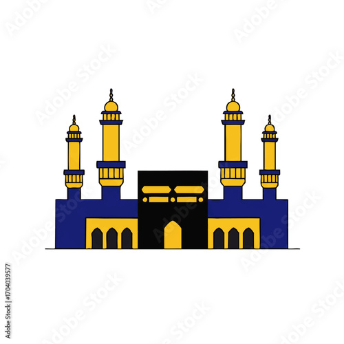 Stylized hand-drawn illustration of the Kaaba and Grand Mosque in blue and gold.