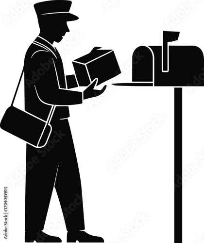 Silhouette illustration of postman delivering package to mailbox, mail carrier with parcel, postal worker vector design for delivery service, communication, correspondence, shipping concept