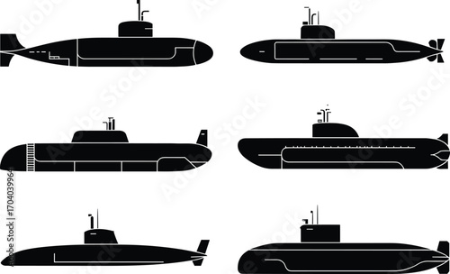 Silhouette illustration set of submarines, underwater naval vessels collection, military and marine transport icons, black vector design for defense, technology, engineering concepts