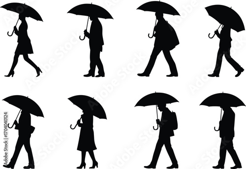 Silhouette people walking with umbrella, business man and woman standing, rainy weather concept, black vector illustration, isolated human figures, umbrella protection design