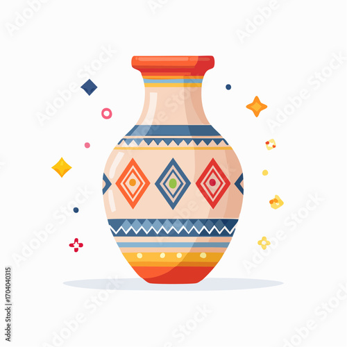Beige Ceramic Vase With Colorful Tribal Pattern On White Background