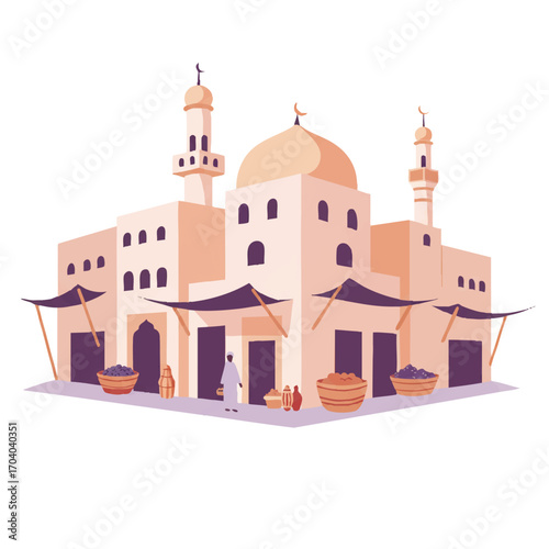 Stylized illustration of a traditional Arabian marketplace with a mosque, dome, and minarets.