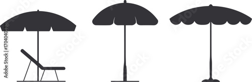 Silhouette vector illustration of beach umbrellas and sunshade with chair, simple summer holiday design, outdoor relaxation, vacation elements for decoration and concepts
