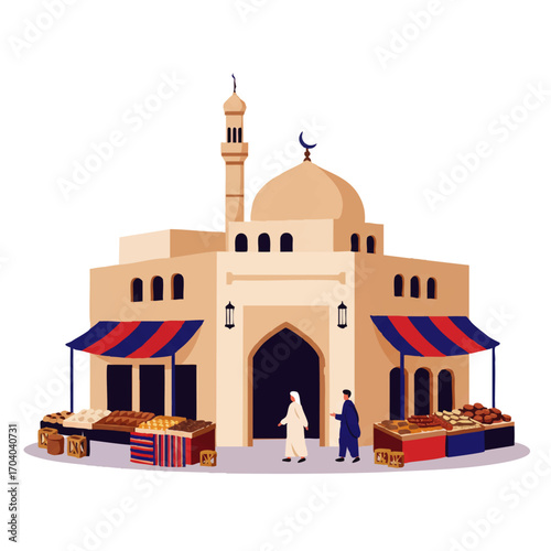 Stylized illustration of a traditional mosque with a bustling outdoor market, dome, and minaret.