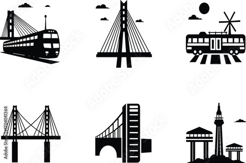 Bridge and transport icon set, suspension bridge, cable-stayed, tram, cityscape, infrastructure silhouette, vector architecture and transit concept design