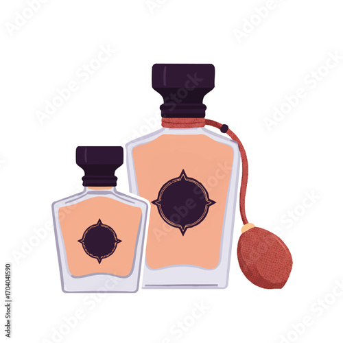 Elegant vintage perfume bottle set with a classic atomizer and dark purple labels.