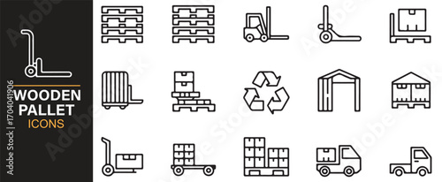 Logistics pallet symbols – outline vector illustrations of cargo, forklift, stack, recycling, and storage