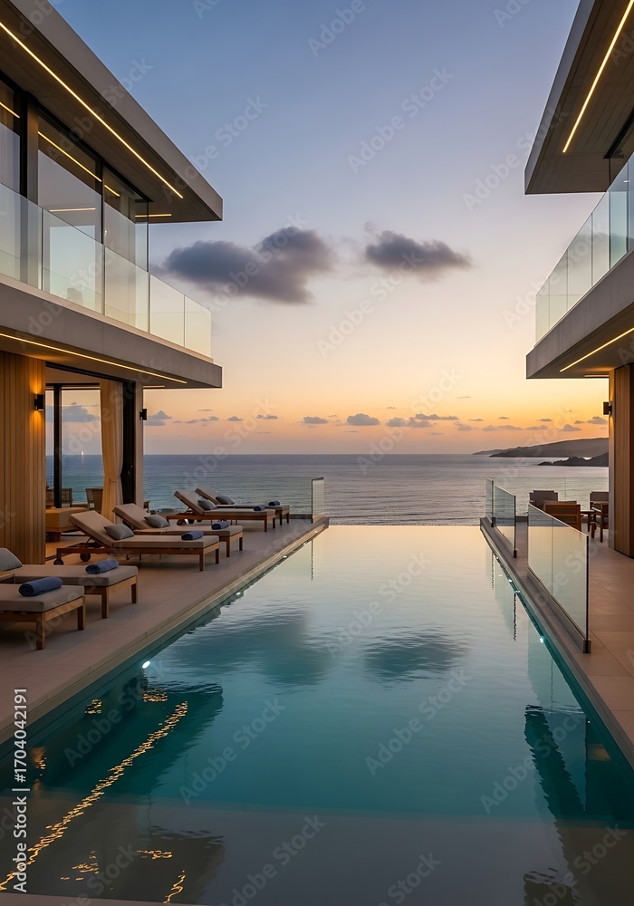Obraz premium Serene sunset view over ocean from luxury villas infinity edge pool