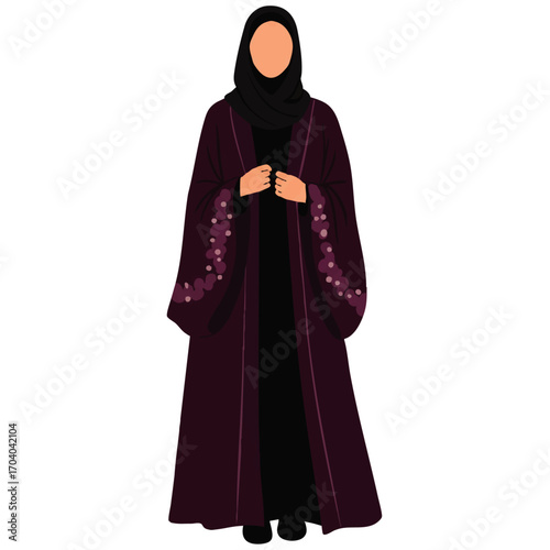 Elegant Woman in Burgundy Abaya with Floral Embellishments and Black Hijab