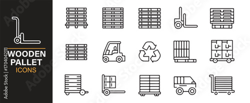 Warehouse pallet icons – editable vector set of shipping boxes, transport trolley, and industry tools