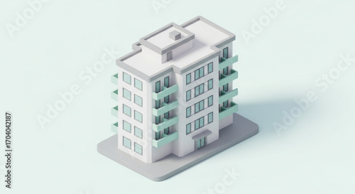Isometric 3d rendering of a modern apartment building with balconies and a flat roof on a light blue background, showcasing architectural design