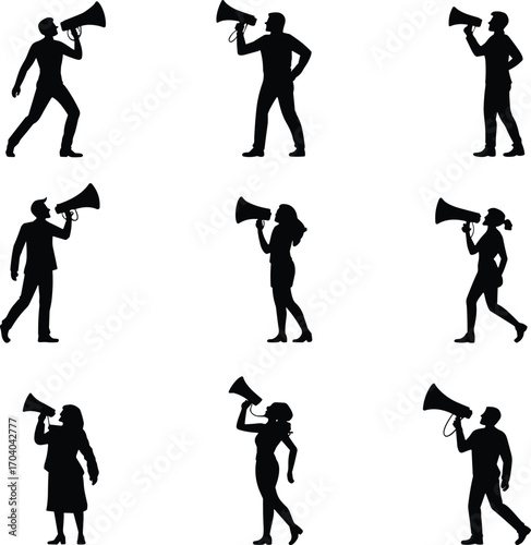 Silhouette vector illustration of men and women holding megaphones, speaking, announcing, protesting, communication, promotion, leadership, activism