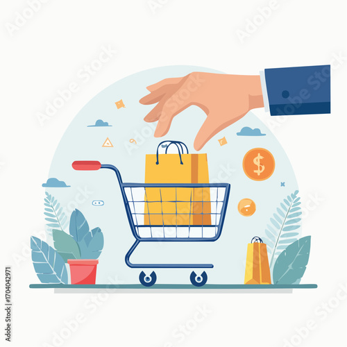 Hand Placing Shopping Bag In Cart With Plants And Dollar Sign