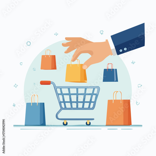 Hand Placing Shopping Bag Into Miniature Shopping Cart