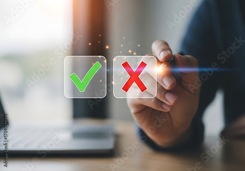 Person making a choice between a checkmark and a cross