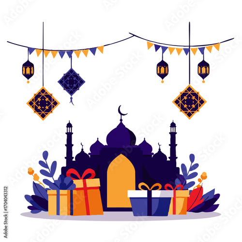 Festive Islamic celebration illustration with a mosque silhouette, gifts, and hanging lanterns.