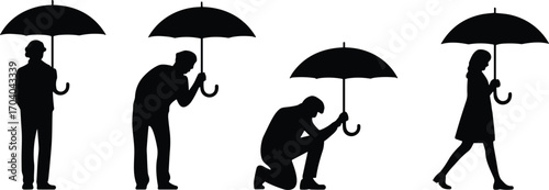 Silhouette vector illustration of people holding umbrellas in different poses, standing, walking, bending, kneeling, black and white design for weather concepts