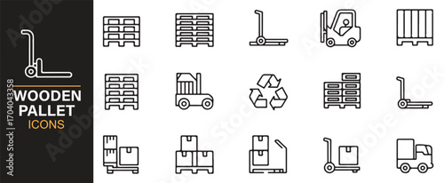 Vector wooden pallet icons – warehouse, forklift, trolley, cargo, boxes, and storage equipment set