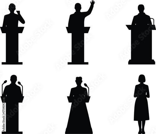 Silhouette vector illustration of people speaking at podium, public speech, political debate, business presentation, leadership conference, press briefing and communication concept design