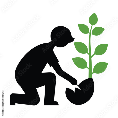 Stylized silhouette of a person planting a vibrant green seedling, symbolizing growth, new beginnings, environmental stewardship, and the act of nurturing nature