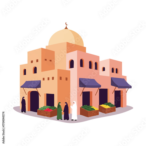 Flat vector illustration of a traditional Arabian souk with a domed mosque and market stalls.