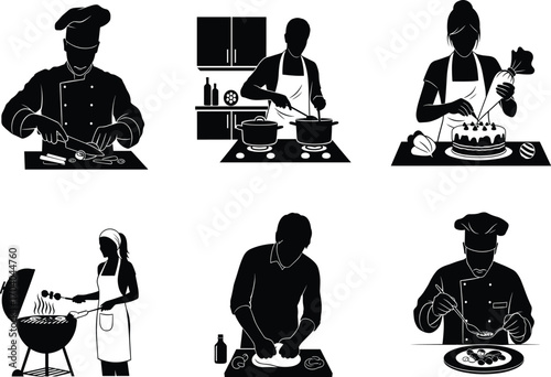 Cooking activity illustration set, chef slicing, grilling, baking, plating, stove work, kitchen icons, vector design, culinary lifestyle concept