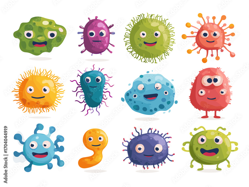 Obraz premium Collection of cute cartoon germs and bacteria isolated background