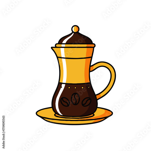 Stylized Turkish Coffee Pot with Coffee Beans and Saucer
