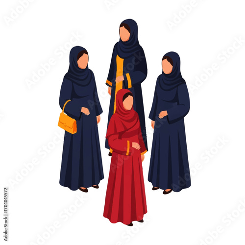 Four Women in Traditional Islamic Abayas and Hijabs, One in Red, Isometric Illustration