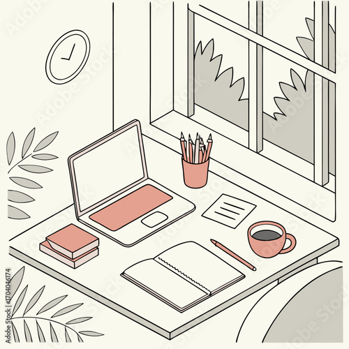 Desk with laptop, books, coffee, and plant by window