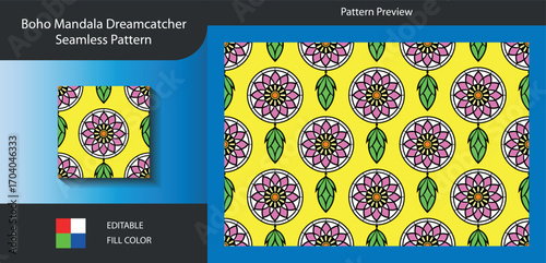 Art of boho mandala dreamcatcher seamless pattern on yellow background featuring pink flower, green leaf, and white outline, perfect for fabric design and textile prints