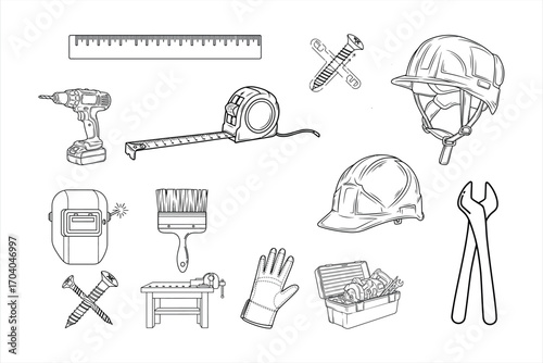 Collection of black and white line art construction and D I Y tools building safety