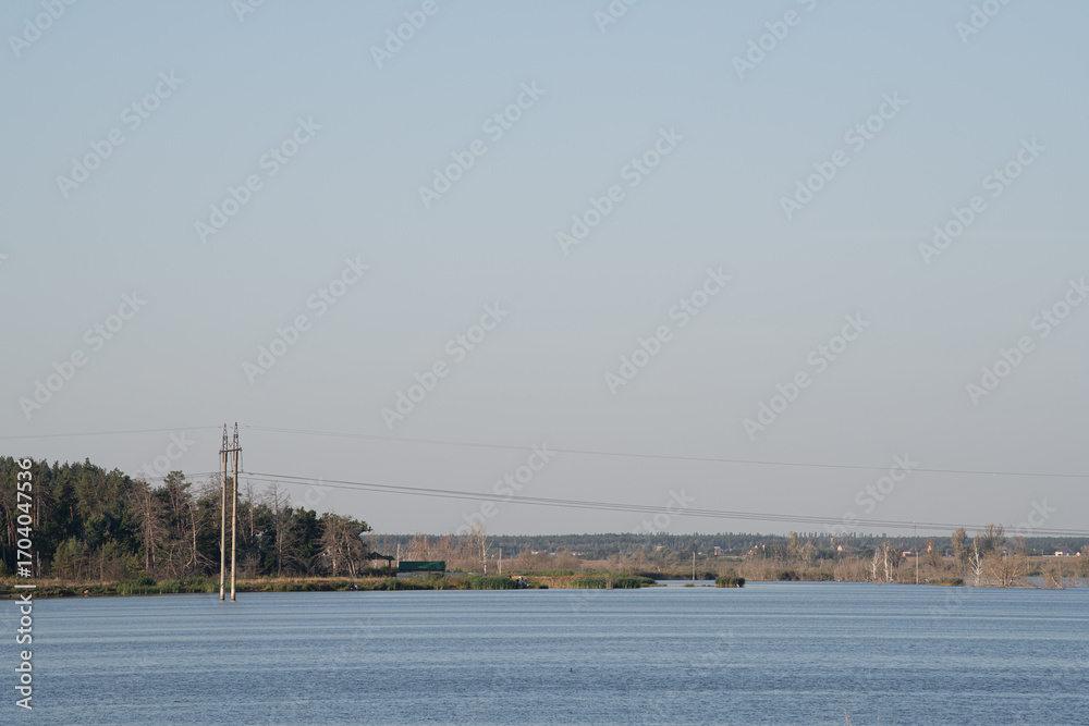 Naklejka premium A serene river flows gently with a clear horizon. Soft light casts shadows on the distant trees and utility poles, creating a peaceful atmosphere near the water's edge