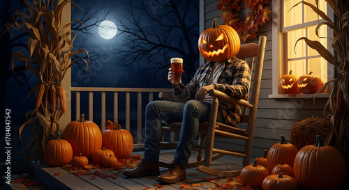 Kürbiskopf-Charakter entspannt sich mit Bier auf der rustikalen Veranda bei Nacht mit Vollmond und Herbstkürbissen, gemütliche Halloween-Landlebensszene