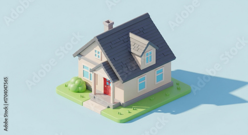 A charming 3d house with a blue roof, beige walls, and a red door, set on a green lawn against a light blue background, perfect for real estate marketing