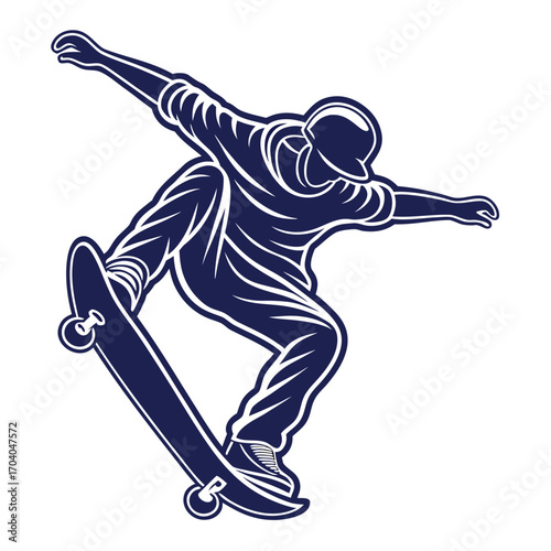 A dynamic illustration capturing the essence of skateboarding, depicting a skilled athlete in mid-air performing an exciting trick, symbolizing agility and the thrill of urban sports culture