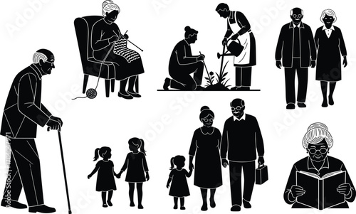 Elderly and family illustration set, walking cane, knitting, gardening, reading, holding hands, intergenerational bonding icons, vector lifestyle concept