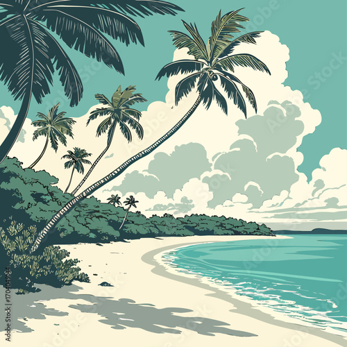 Beautiful tropical beach with palm trees and turquoise water