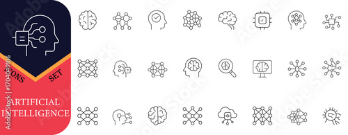 Minimal line icon set of artificial intelligence, neural network, brain, machine learning, data, and cloud computing symbols for modern digital projects.