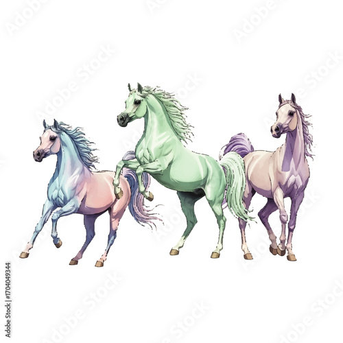 Three majestic Arabian horses in vibrant pastel colors, rearing and running gracefully.
