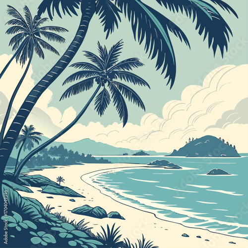 Idyllic beach scene with palm trees and distant island