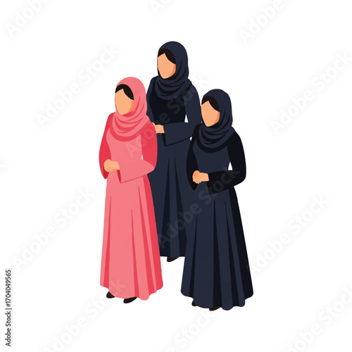 Three Muslim women in hijabs and abayas, one pink, two dark blue, standing together in a flat vector style.