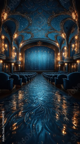 Elegant theater interior with blue decor and starry ceiling  showcasing intimate seating and a dramatic stage