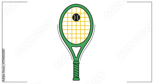 A green tennis racket with a yellow net and a black tennis ball, ready for a match on the court